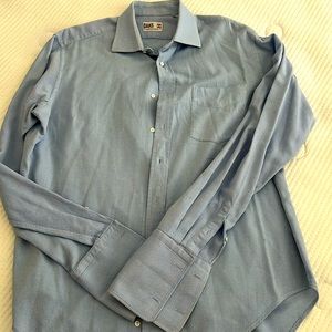 Classic fit long sleeve button down striped shirt in blue and white.